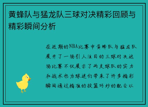 黄蜂队与猛龙队三球对决精彩回顾与精彩瞬间分析