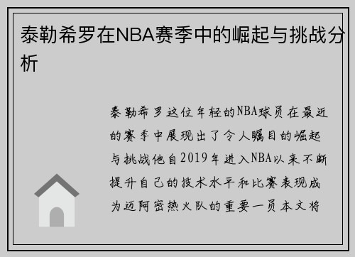 泰勒希罗在NBA赛季中的崛起与挑战分析